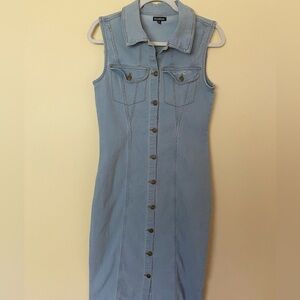 Bebe Buttoned Denim and Gold Sheath Midi Dress